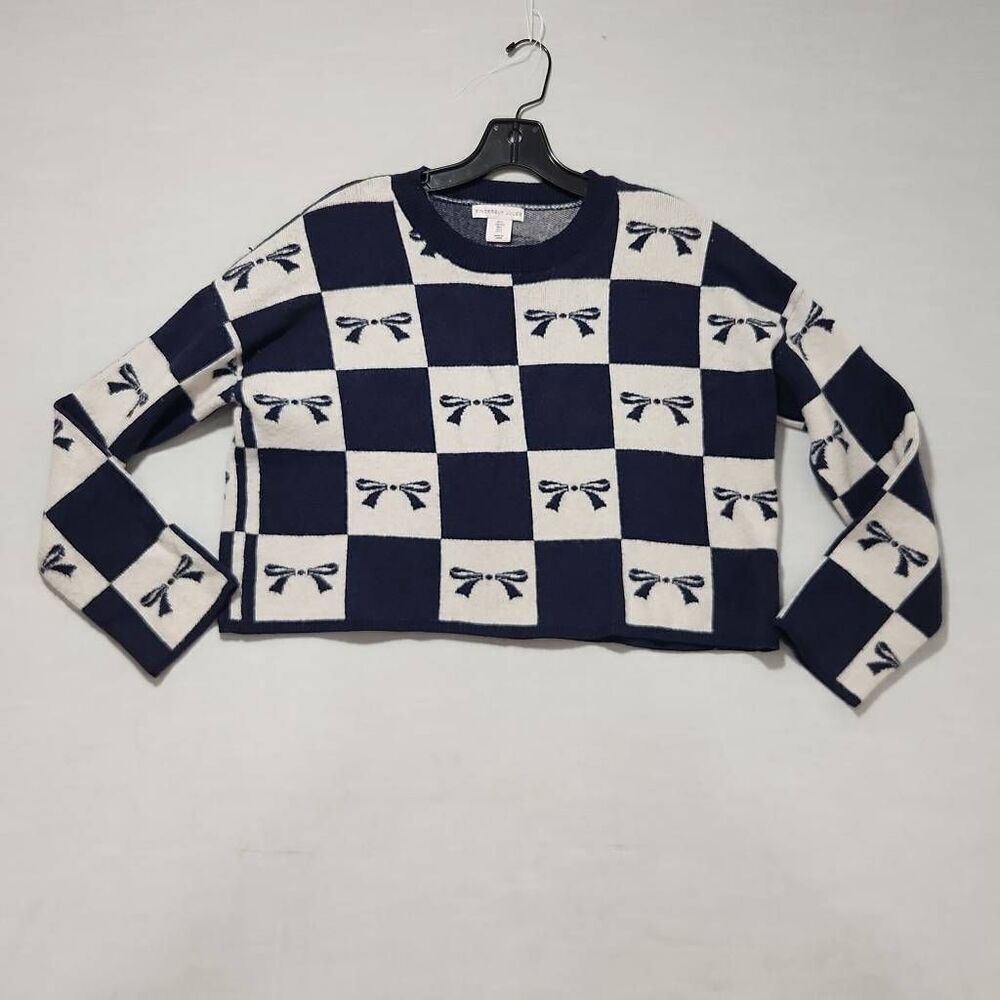Sincerely Jules Women's Size Large Navy Blue White Bow Print Cropped Sweater